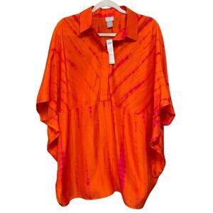 Chico’s Oversized Envelope Sleeve Top Size S/M Orange Tie Dye 100% Silk NEW FLAW